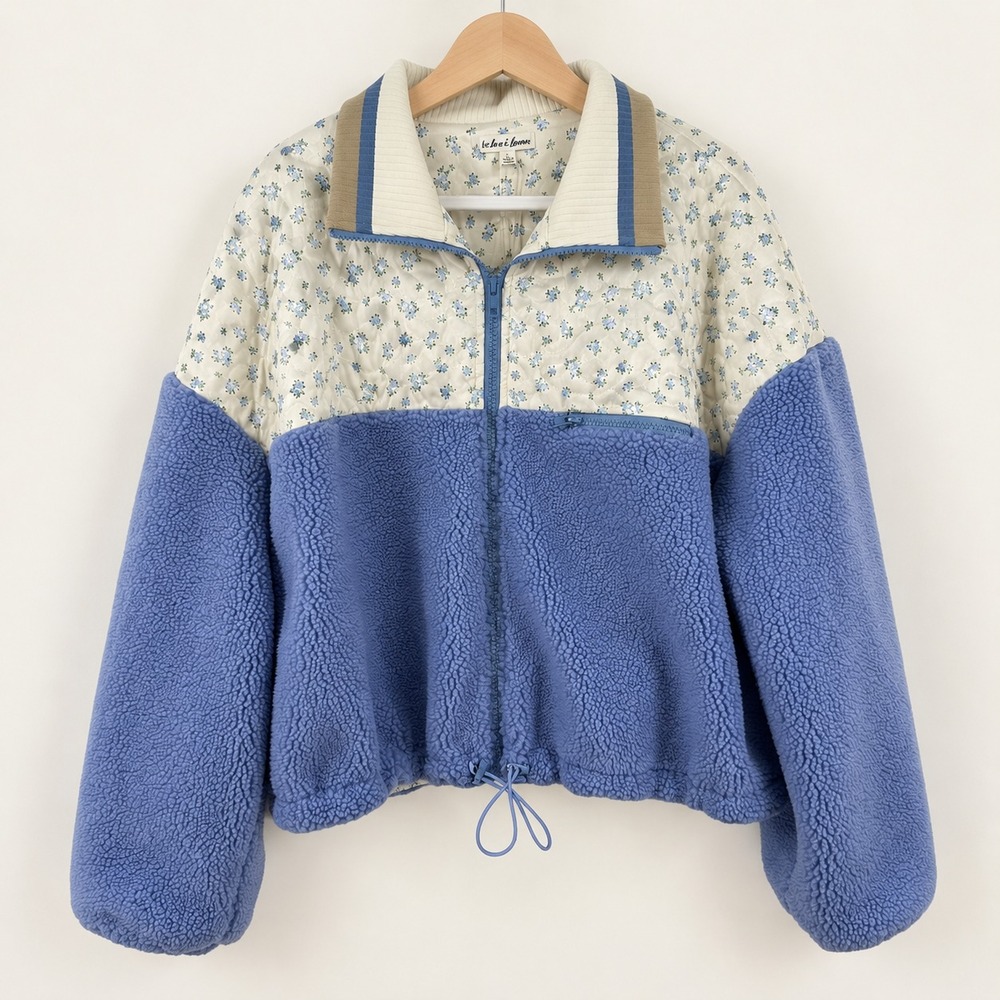 For Love & Lemons NWT Saide Floral Fleece Jacket Women Large Blue Quilted Zip